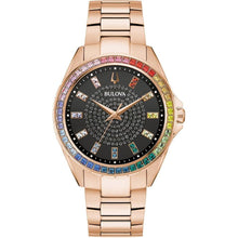 Load image into Gallery viewer, Bulova Men's Crystal Phantom Rose Gold Tone Stainless Steel 3-Hand Watch, Rainbow Crystal Bezel and Black Dial with Pave Center, Style:97A180
