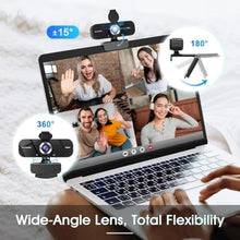 Load image into Gallery viewer, TRAUSI 1080P HD Webcam with Microphone, Noise Cancellation, Privacy Cover, Wide-Angle Lens, Auto Light Correction, Plug &amp; Play USB Webcam for Laptop, Desktop, PC, Mac, Zoom, Skype, Streaming Black

