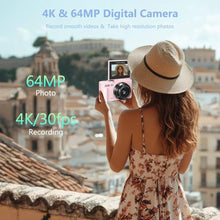 Load image into Gallery viewer, 4K Digital Camera for Photography, 64MP Vlogging Camera for YouTube with 3&quot; 180° Flip Screen, 18X Digital Zoom Point and Shoot Camara with 32GB Micro SD Card for Beginner (Pink)
