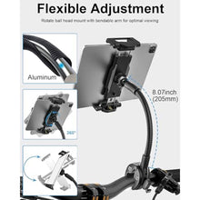 Load image into Gallery viewer, Gooseneck Spin Bike Tablet Holder [Large Clamp] [Thick Case Friendly] Treadmill Tablet Mount for Exercise Bike, Stationary Bicycle, Stroller, Wheelchair for iPad Pro Air Mini, Galaxy, iPhone (6-15.6)
