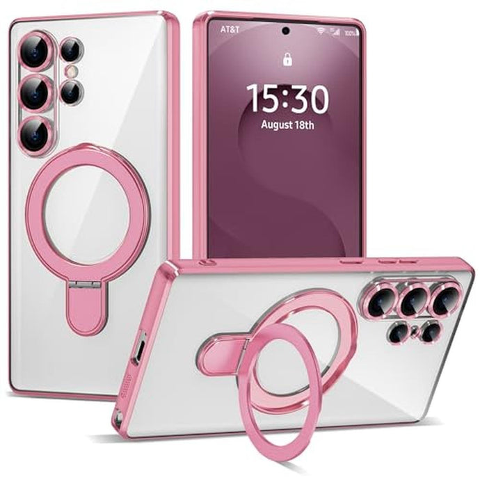 ETPESOK Compatible with Samsung Galaxy S25 Ultra Case with Magnetic Ring Stand Compatible with Mag-Safe Full Camera Lens Protector Plating Clear Phone Case for S25 Ultra 6.9 , Pink