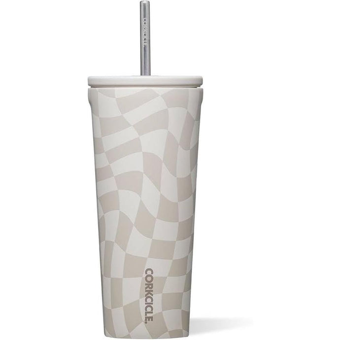 Corkcicle Cold Cup Insulated Tumbler with Lid and Straw, 24oz Wavy Checkerboard - Neutrals
