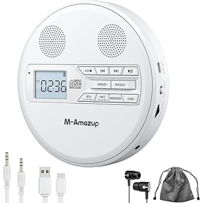 CD Player Portable, Rechargeable Portable CD Player with Dual Speakers and Anti Skip,CD,Dual Bluetooth,FM Transmission,USB,AUX,LCD Display,Sensitive Button,Repeat,10 Speeds for Home Car White