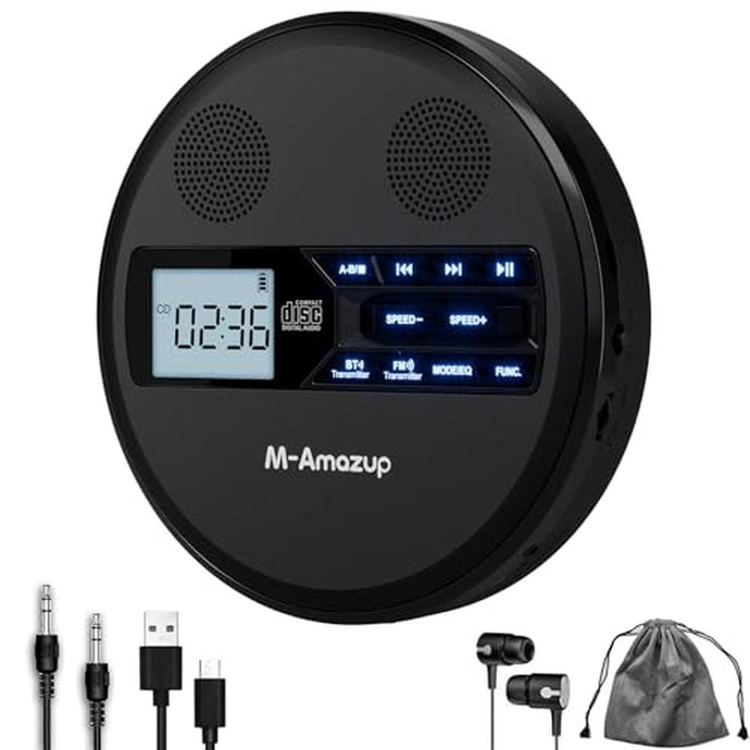 M-Amazup CD Player Portable, Rechargeable Portable CD Player with Dual Speakers and Anti Skip,CD,Dual Bluetooth,FM Transmission,USB,AUX,LCD Display,Backlit Button,Repeat,10 Speeds for Home Car Black