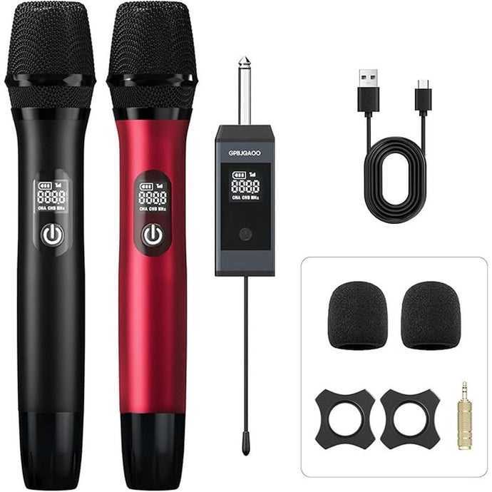 Wireless Microphone, UHF Dual Wireless Metal Dynamic Microphone System with Rechargeable Receiver, Suitable for Karaoke Singing, Weddings DJ Party, Speech, Church, Classroom use, 200 fee
