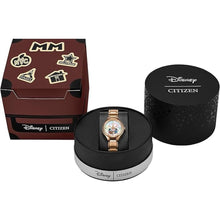 Load image into Gallery viewer, Citizen Women&#39;s Eco-Drive Mickey and Minnie Mouse Take Paris, Mother-of-Pearl Dial, Gold-Tone Stainless Steel Bracelet Watch (Model: FE2103-52D)

