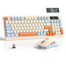 Load image into Gallery viewer, FREEWOLF T96 Smart Display Wireless Gaming Keyboard and Mouse Comb, 94Key LED Lighting Rechargeable Silent Membrane Keyboard with Knobs, 2000mAh Battery, 6-Button 4KDPI Mouse for Win/Mac(Blueberry)
