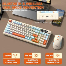 Load image into Gallery viewer, FREEWOLF T96 Smart Display Wireless Gaming Keyboard and Mouse Comb, 94Key LED Lighting Rechargeable Silent Membrane Keyboard with Knobs, 2000mAh Battery, 6-Button 4KDPI Mouse for Win/Mac(Blueberry)

