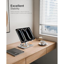 Load image into Gallery viewer, Tablet Stand Holder with Thickened 360°Rotating Base Dual Rod Adjustable Aluminum Stand for All 5.8-12.9” iPad Samsung Phone Tablet Kindle E-Reader and More, Silver
