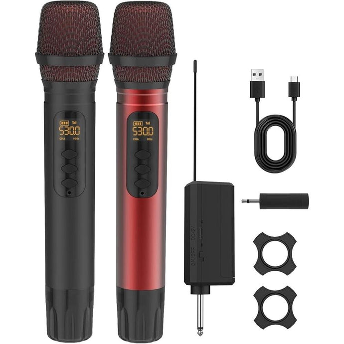 Wireless Microphones, UHF Metal Dual Handheld Cordless Dynamic Karaoke Microphone Wireless, 1/4 