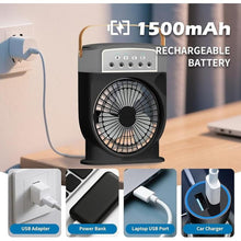 Load image into Gallery viewer, Portable Misting Fan, 3 - Speed Desktop Mini Air Conditioner, 1500mAh Rechargeable Water Cooling Mist Fan with 600mL Water Tank, Cooling for Home, Office, Kitchen, Travel &amp; Camping-Black
