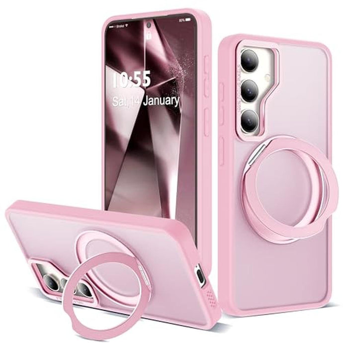 Zalinbo for Samsung Galaxy S25 Case with 360 Rotatable Magnetic Ring Stand Compatible with Mag-Safe Military Protection Shockproof Matte Translucent Phone Cases for Samsung Galaxy S25,Pink