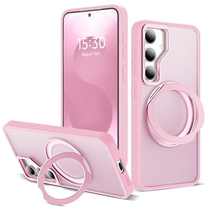 Zalinbo for Samsung Galaxy S25 Plus Case with 360 Rotatable Magnetic Ring Stand Compatible with Mag-Safe Military Protection Shockproof Matte Translucent Phone Cases for Galaxy S25 ,Pink