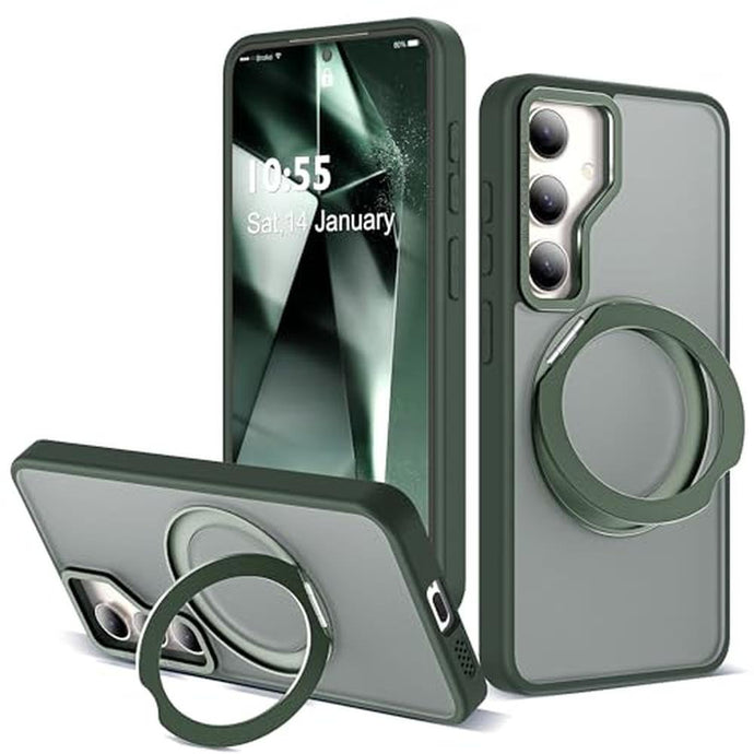 Zalinbo for Samsung Galaxy S25 Case with 360 Rotatable Magnetic Ring Stand Compatible with Mag-Safe Military Protection Shockproof Matte Translucent Phone Cases for Samsung Galaxy S25,Dark Green