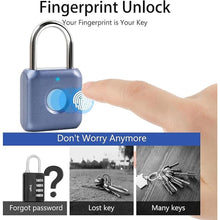 Load image into Gallery viewer, Fingerprint Padlock, Keyless Biometric Lock, Water-Resistant, USB Rechargeable Smart Lock for Bookcases, Bikes, Sports Lockers, Storage, Blue
