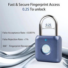 Load image into Gallery viewer, Fingerprint Padlock, Keyless Biometric Lock, Water-Resistant, USB Rechargeable Smart Lock for Bookcases, Bikes, Sports Lockers, Storage, Blue
