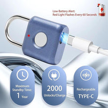 Load image into Gallery viewer, Fingerprint Padlock, Keyless Biometric Lock, Water-Resistant, USB Rechargeable Smart Lock for Bookcases, Bikes, Sports Lockers, Storage, Blue
