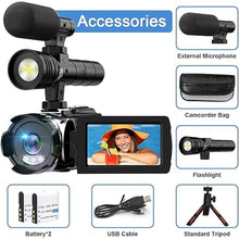 Load image into Gallery viewer, 4K Night Vision Camcorder Digital with IR Light,270° YouTube Vlogging Camera Recorder, 20X Digital Zoom, Full HD 3.0‘’ Camcorder with Microphone, with Tripod 2 Batteries
