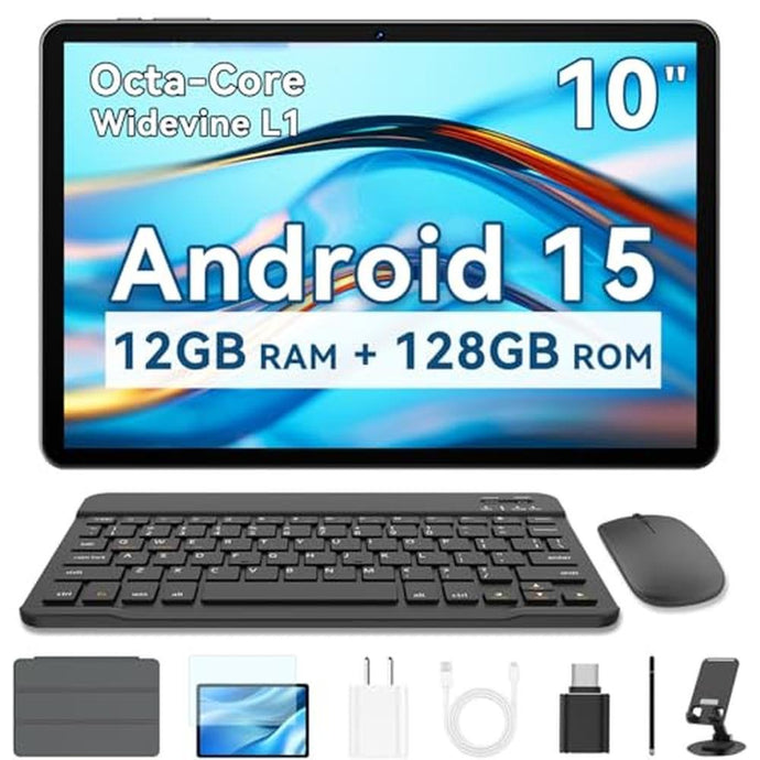 SVITOO 10 Inch Android Tablet, 2025 Android 15 Tablet for Adults, 12GB RAM 128GB Storage 1TB Expandable, Octa-Core 6000mAh, Includes Keyboard Mouse Protective Case, Dual Cameras 8MP 2MP, Face Unlock