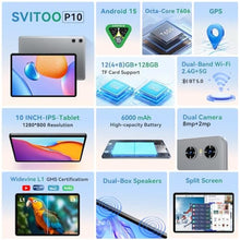 Load image into Gallery viewer, SVITOO 10 Inch Android Tablet, 2025 Android 15 Tablet for Adults, 12GB RAM 128GB Storage 1TB Expandable, Octa-Core 6000mAh, Includes Keyboard Mouse Protective Case, Dual Cameras 8MP 2MP, Face Unlock
