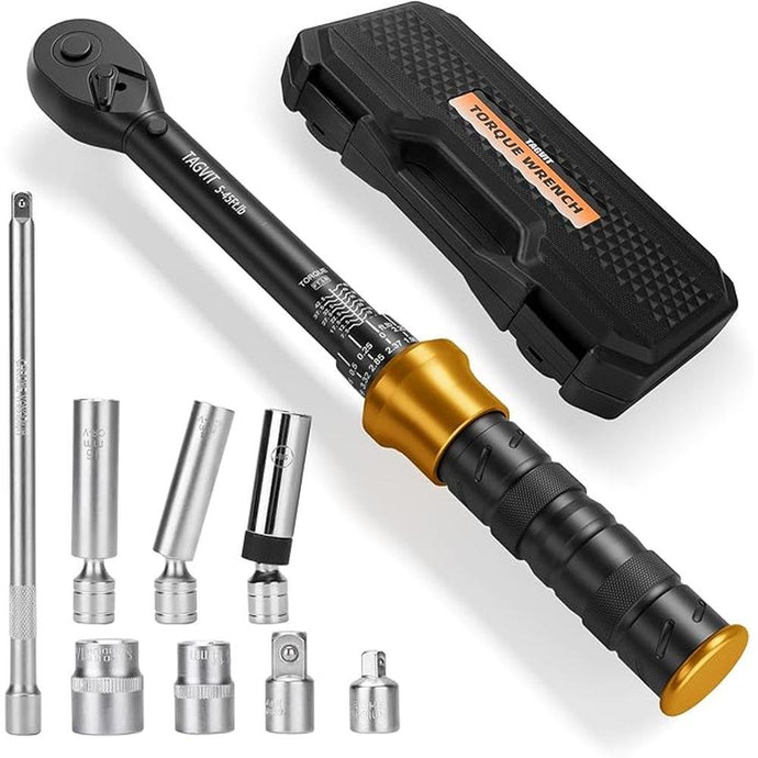 3/8-Inch Drive Spark Plug Socket Set with Click Torque Wrench, 5-45 Ft.lb/6.8-61Nm Torque Wrench Set with Magnetic Swivel Spark Plug Socket(14mm/16mm/5/8-inch), 10