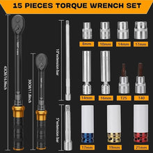 Load image into Gallery viewer, 1/2 3/8 -inch Drive Click Torque Wrench, 5-45Ft.lb, 15-165Ft.lb 15Pcs Torque Wrench Set with 10&quot;/5&quot; Extension Bar, 8/10/14/17/17/19/21mm Sockets, 14/16mm Swivel Spark Plug Socket, T25/T40 Torx

