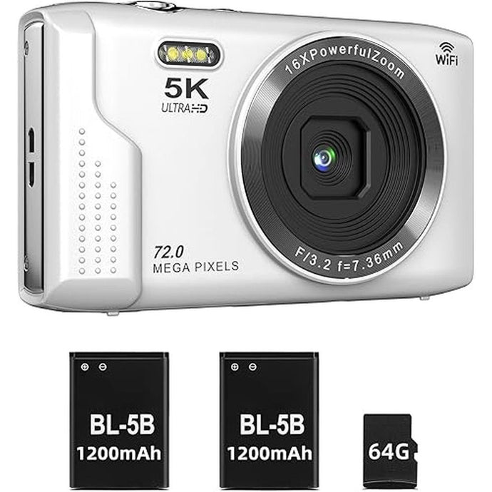 T TAKMLY Digital Camera 5K, Autofocus 16x Zoom 72MP Point and Shoot Cameras Compact Portable with Flash for Kids Boys Girls Teens Students, Anti Shake 2.8'' Screen, 64GB Card Include, White