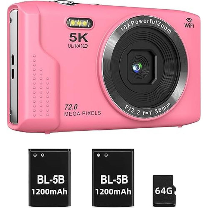 T TAKMLY Digital Camera 5K, Autofocus 16x Zoom 72MP Point and Shoot Cameras Compact Portable with Flash for Kids Boys Girls Teens Students, Anti Shake 2.8'' Screen, 64GB Card Include, Pink