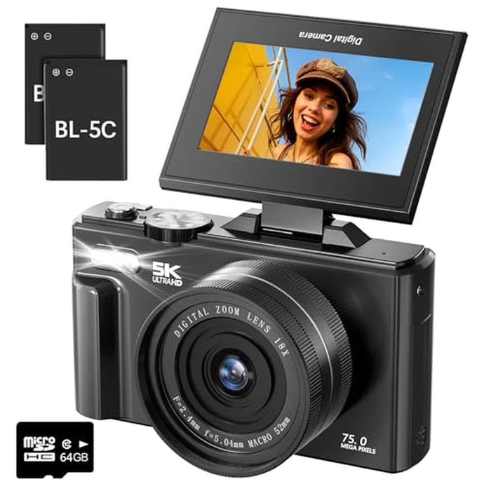 5K Digital Camera for Photography - 75MP Autofocus Vlogging Camera for YouTube with 64GB SD Card, WiFi, 18X Zoom 3