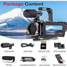 Load image into Gallery viewer, 4K Video Camera Camcorder, 64MP UHD Vlogging Dual Camera for YouTube, 21X Digital Zoom IPS Screen Vlog Camera with External Microphone, Stabilizer, Remote, 2 Batteries, Remote, Memory Card
