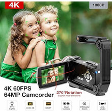 Load image into Gallery viewer, 4K Video Camera Camcorder, 64MP UHD Vlogging Dual Camera for YouTube, 21X Digital Zoom IPS Screen Vlog Camera with External Microphone, Stabilizer, Remote, 2 Batteries, Remote, Memory Card
