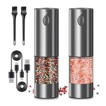 Load image into Gallery viewer, Electric Salt and Pepper Grinder Set, Upgraded Larger Capacity Stainless Steel Automatic Salt and Pepper Mill Set Refillable with 5 Adjustable Coarseness Stainless Steel Color Shaker
