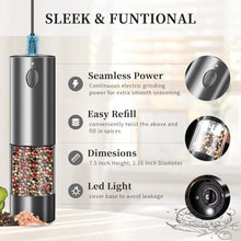 Load image into Gallery viewer, Electric Salt and Pepper Grinder Set, Upgraded Larger Capacity Stainless Steel Automatic Salt and Pepper Mill Set Refillable with 5 Adjustable Coarseness Stainless Steel Color Shaker
