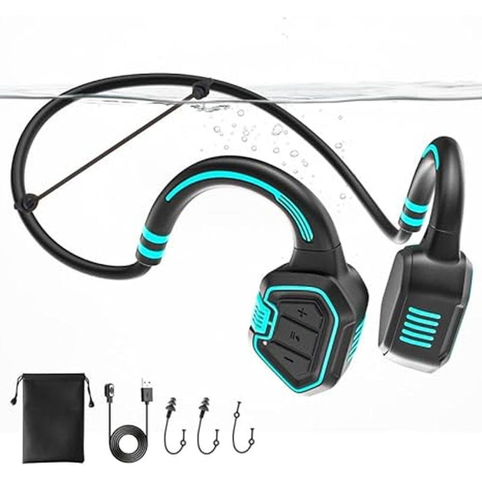 Bone Conduction Swimming Headphones - IP68 Waterproof Open-Ear Bluetooth 5.3 with 32GB MP3 Player, Underwater Sport Headphones for Swim, Workout, Running, Cycling, Blue
