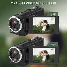 Load image into Gallery viewer, 2.7K Video Camera Camcorder QHD 50MP YouTube Vlogging Camera 16X Digital Zoom Webcam 270 Degree Rotation Screen Camcorders with 32G SD Card and 2 Batteries Recording While Charging
