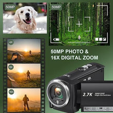 Load image into Gallery viewer, 2.7K Video Camera Camcorder QHD 50MP YouTube Vlogging Camera 16X Digital Zoom Webcam 270 Degree Rotation Screen Camcorders with 32G SD Card and 2 Batteries Recording While Charging
