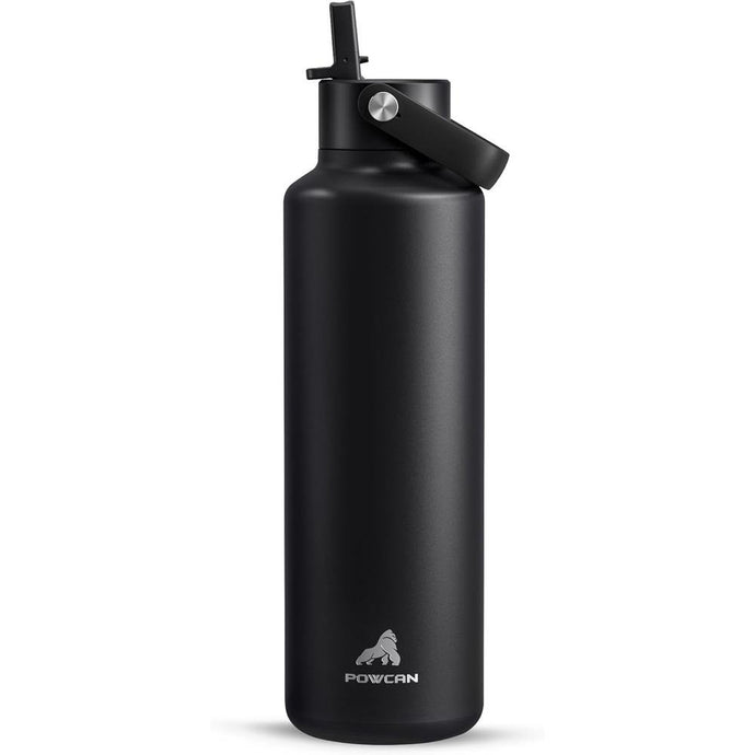 24 oz Slim Insulated Water Bottle for Outdoors: Leakproof, Flex Cap, Lightweight, Cold for 24 Hrs, Double Walled Stainless Steel Thermos with Straw for Travel, Hiking, Biking, Sport (Midnight Black)