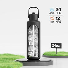 Load image into Gallery viewer, 24 oz Slim Insulated Water Bottle for Outdoors: Leakproof, Flex Cap, Lightweight, Cold for 24 Hrs, Double Walled Stainless Steel Thermos with Straw for Travel, Hiking, Biking, Sport (Midnight Black)
