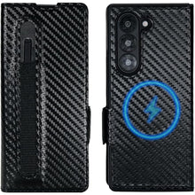Load image into Gallery viewer, for Samsung Galaxy Z Fold 7 Wallet Case with S Pen Holder, Strong Magnetic Compatible with MagSafe, Hinge Protection Luxury Carbon Fiber Texture Leather 3 Card Slots with RFID Blocking (Black)
