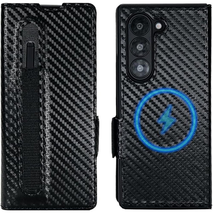 for Samsung Galaxy Z Fold 7 Wallet Case with S Pen Holder, Strong Magnetic Compatible with MagSafe, Hinge Protection Luxury Carbon Fiber Texture Leather 3 Card Slots with RFID Blocking (Black)