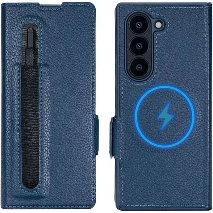 for Samsung Galaxy Z Fold 7 Wallet Case with S Pen Holder, Strong Magnetic Compatible with MagSafe, Hinge Protection Luxury Carbon Fiber Texture Leather 3 Card Slots with RFID Blocking (Blue)