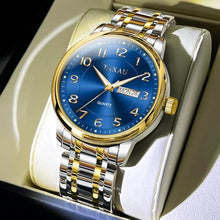 Load image into Gallery viewer, Taxau Two Tone Watches for Men Silver Gold Watch for Men Luxury Stainless Steel Wrist Watch Waterproof Analog Quartz Business Classic Casual Dress Mens Watches Large Blue Face with Day and Date
