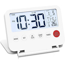 Load image into Gallery viewer, Digital Travel Alarm Clock, Black, Foldable Calendar Temperature Timer LCD Desk Clock, Snooze, 9 Alarm Sounds, Backlight, AAA Battery Operated Digital Clock for Home &amp; Office, Travel, White
