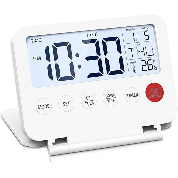 Digital Travel Alarm Clock, Black, Foldable Calendar Temperature Timer LCD Desk Clock, Snooze, 9 Alarm Sounds, Backlight, AAA Battery Operated Digital Clock for Home & Office, Travel, White
