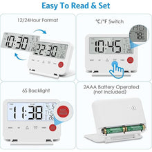 Load image into Gallery viewer, Digital Travel Alarm Clock, Black, Foldable Calendar Temperature Timer LCD Desk Clock, Snooze, 9 Alarm Sounds, Backlight, AAA Battery Operated Digital Clock for Home &amp; Office, Travel, White
