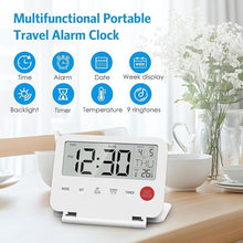 Load image into Gallery viewer, Digital Travel Alarm Clock, Black, Foldable Calendar Temperature Timer LCD Desk Clock, Snooze, 9 Alarm Sounds, Backlight, AAA Battery Operated Digital Clock for Home &amp; Office, Travel, White
