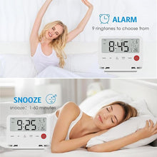 Load image into Gallery viewer, Digital Travel Alarm Clock, Black, Foldable Calendar Temperature Timer LCD Desk Clock, Snooze, 9 Alarm Sounds, Backlight, AAA Battery Operated Digital Clock for Home &amp; Office, Travel, White
