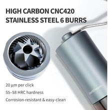 Load image into Gallery viewer, 6-Burr Manual Coffee Grinder – Easy-Use CNC420 High-Carbon Steel, Gray Aluminum Body &amp; Glass Jar, 25 g Capacity, Slim design for travel
