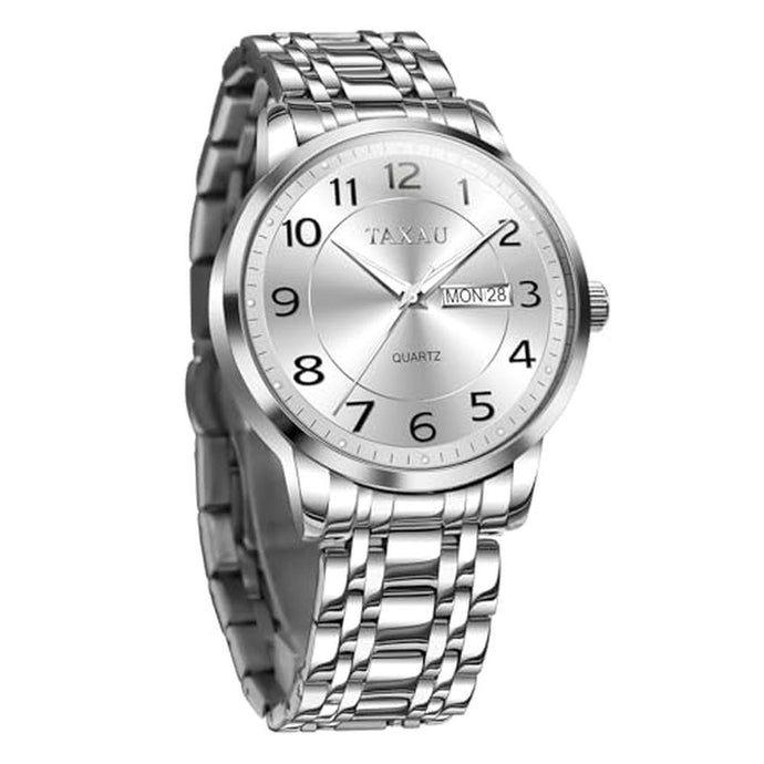 Taxau Dress Watches for Men Silver Stainless Steel Analog Waterproof Men s Watches with Date Day