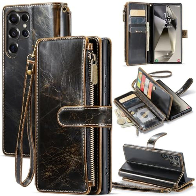 Deekeewe for Samsung Galaxy S25 Ultra 5G Wallet Case with Card Holder,Women Men RFID Blocking PU Leather Flip Cover Zipper Wrist Strap Kickstand Phone Case for Galaxy S 25 Ultra,Coffee